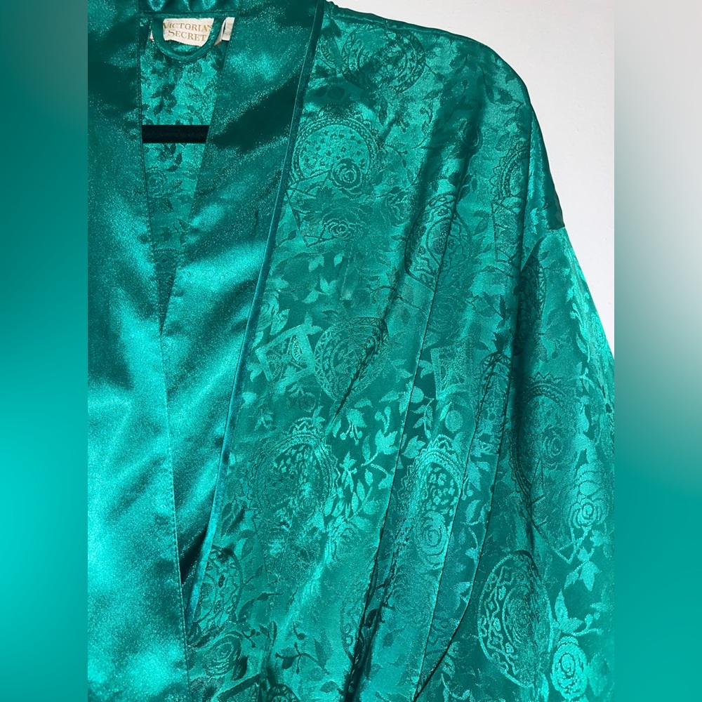 Vintage Victoria’s Secret Gold Label Satin Kimono Robe | Emerald Green One Size - Picture 4 of 9
